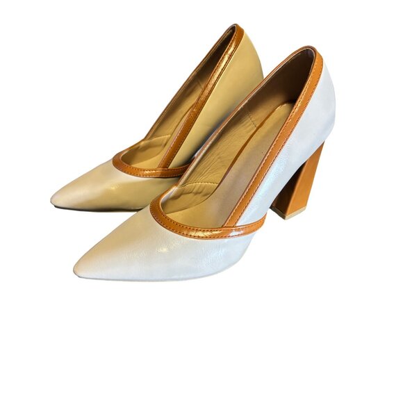 Vintage Style Unbranded Beige Brown Block Heel Pumps Sz 8 - Picture 1 of 10